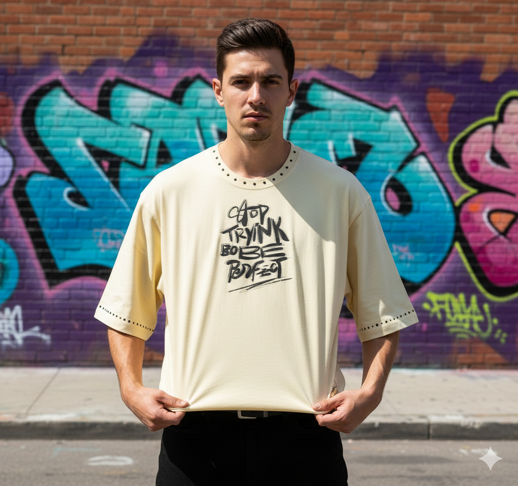 Beige JEVPE graffiti text oversized streetwear t-shirt with rivet detail, casual urban style, front view.