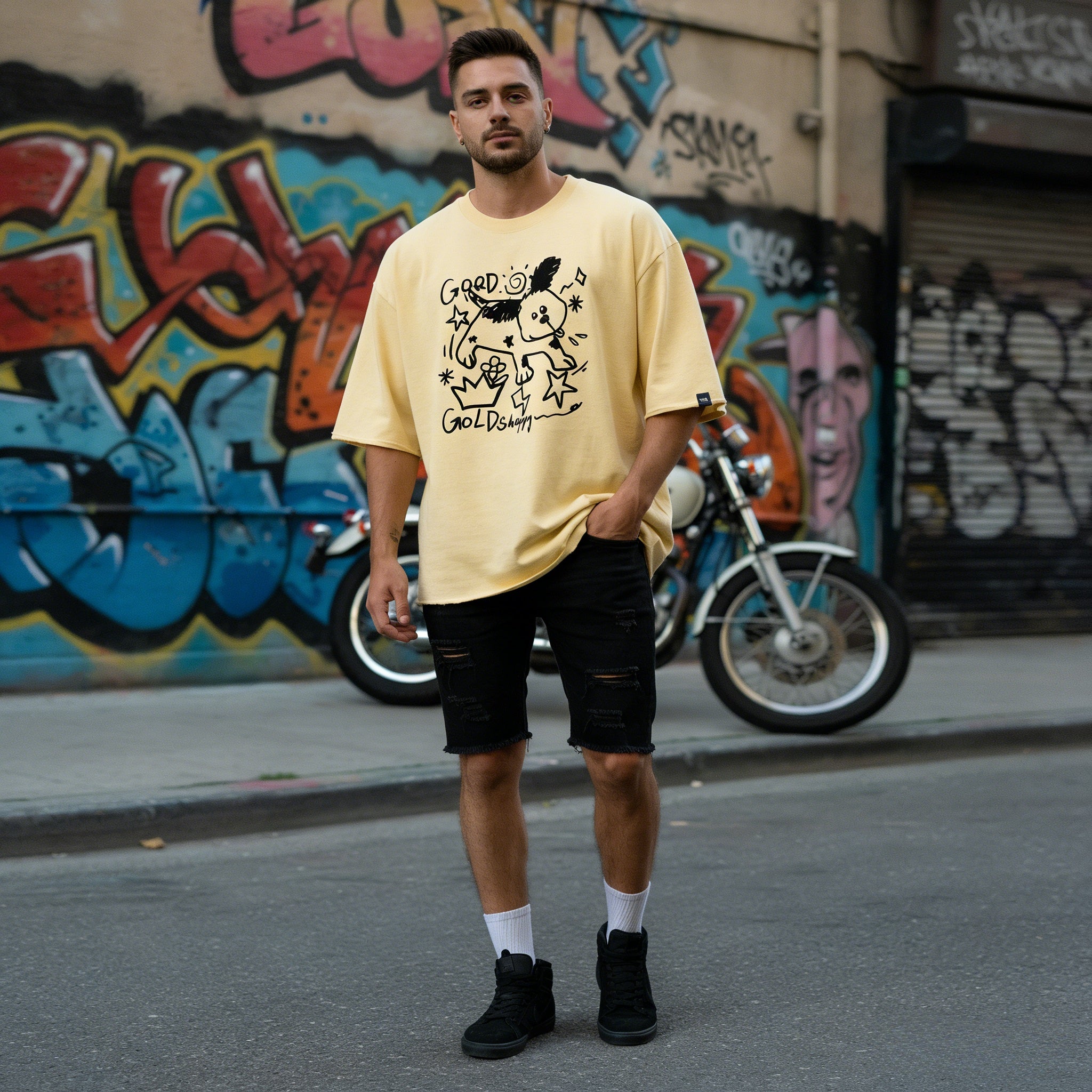Beige JEVPE playful puppy crown print oversized T-shirt featuring a happy doodle design, casual and comfortable for everyday wear.