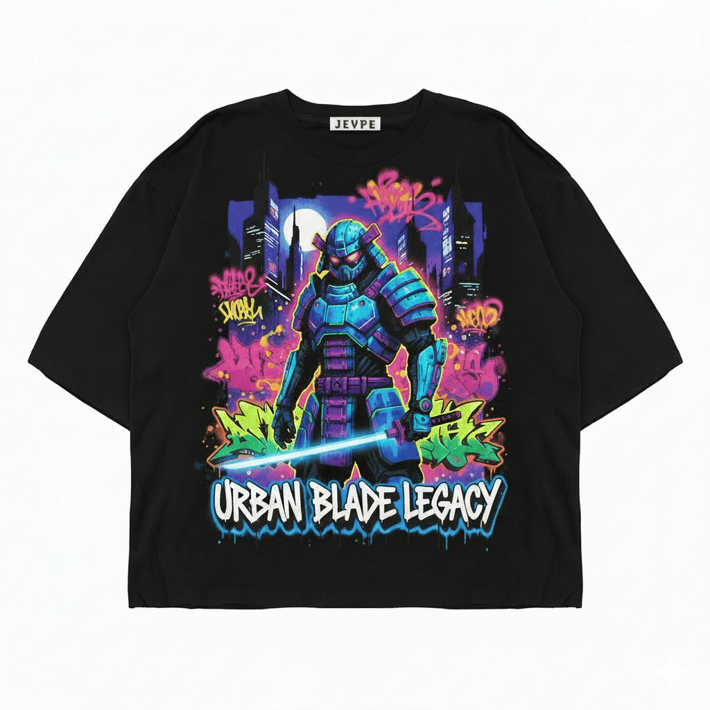 Black oversized T-shirt by JEVPE featuring futuristic samurai and neon graffiti urban blade design.