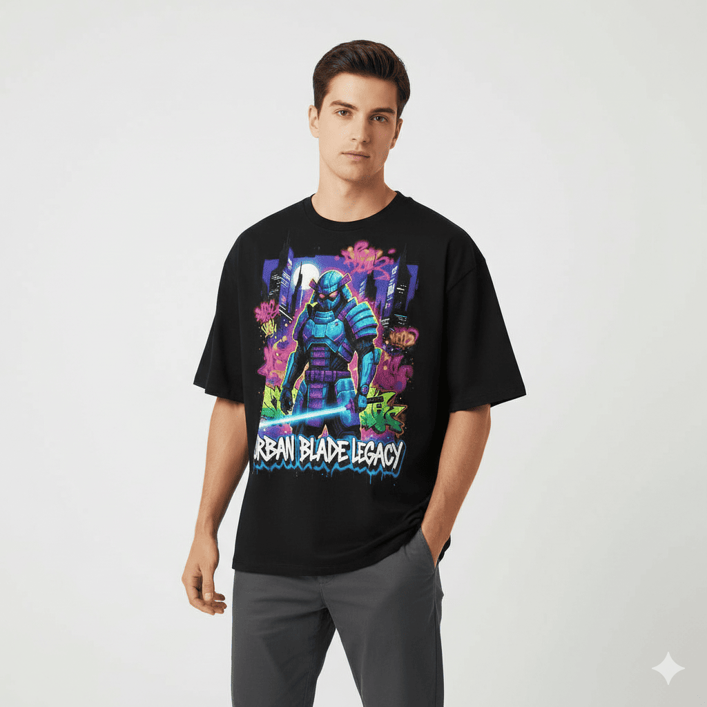 Black oversized T-shirt by JEVPE featuring futuristic samurai and neon graffiti urban blade design.