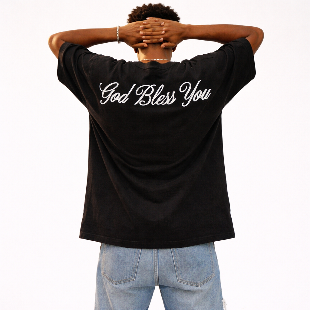 Black oversized crew neck T-shirt for men with vintage Jesus print by JEVPE, casual religious-themed top.