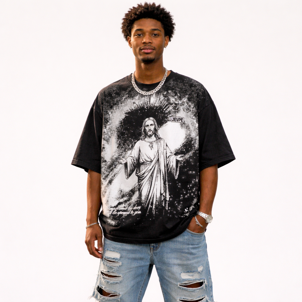 Black oversized crew neck T-shirt for men with vintage Jesus print, casual religious-themed top by JEVPE.