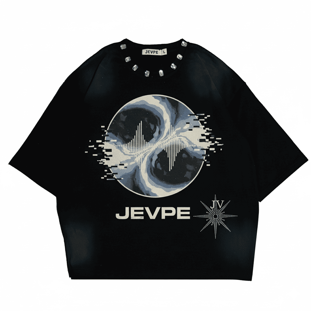 JEVPE men's black oversized T-shirt with rivet neckline and cosmic swirl soundwave graphic, streetwear style.