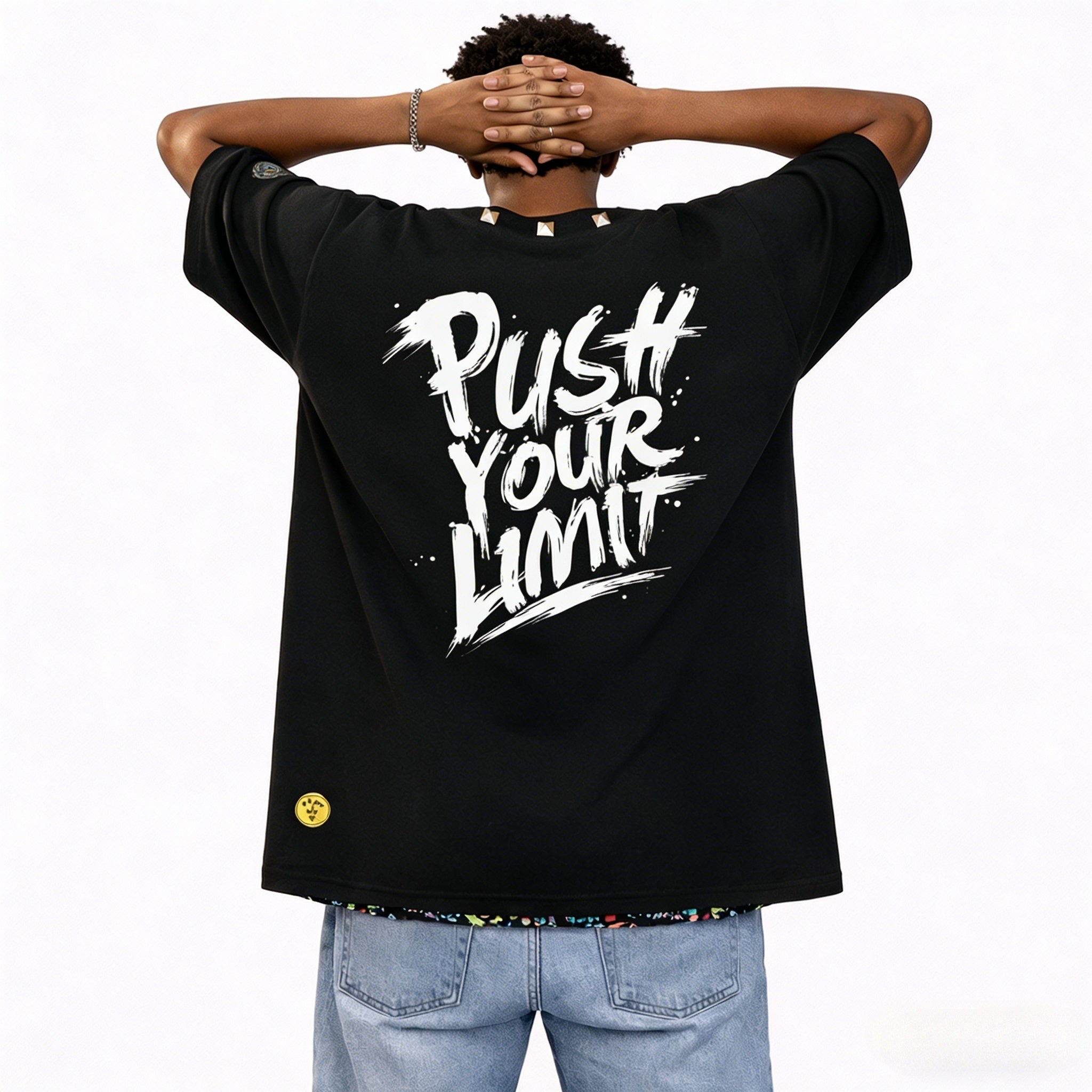 JEVPE men's black oversized T-shirt with rivet neckline and cosmic swirl soundwave graphic, streetwear style.