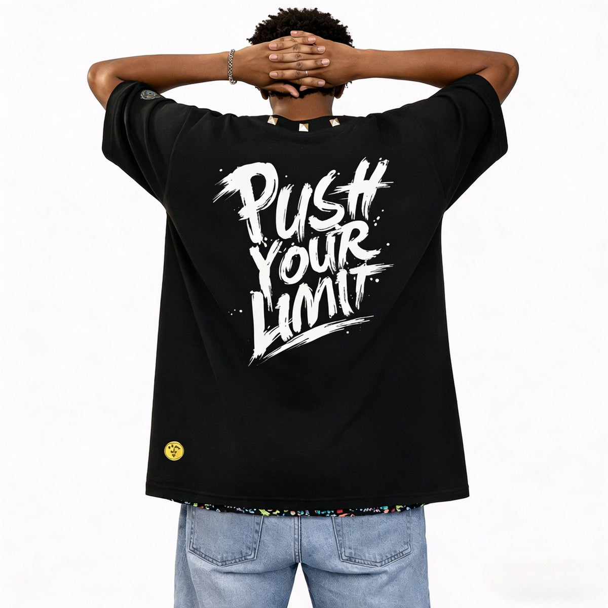 JEVPE men's black oversized T-shirt with rivet neckline and cosmic swirl soundwave graphic, streetwear style.