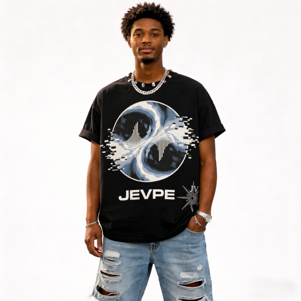 JEVPE men's black oversized T-shirt with rivet neckline and cosmic swirl soundwave graphic, streetwear style.