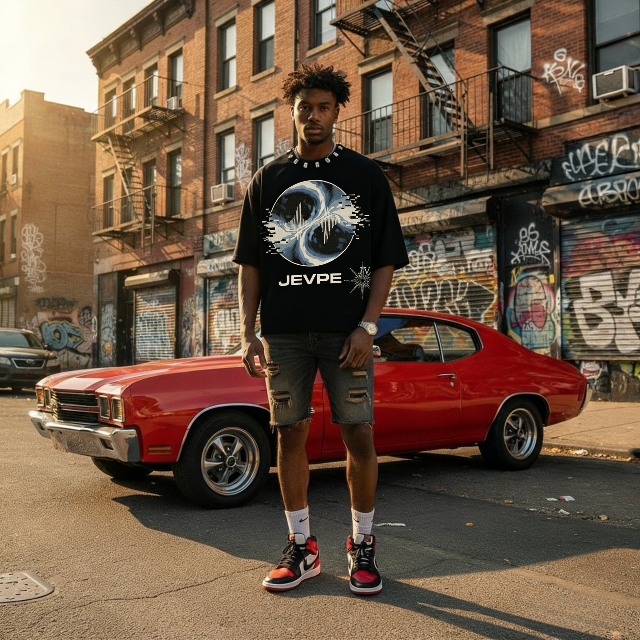 JEVPE men's black oversized T-shirt with rivet neck and cosmic swirl soundwave graphic, streetwear style.