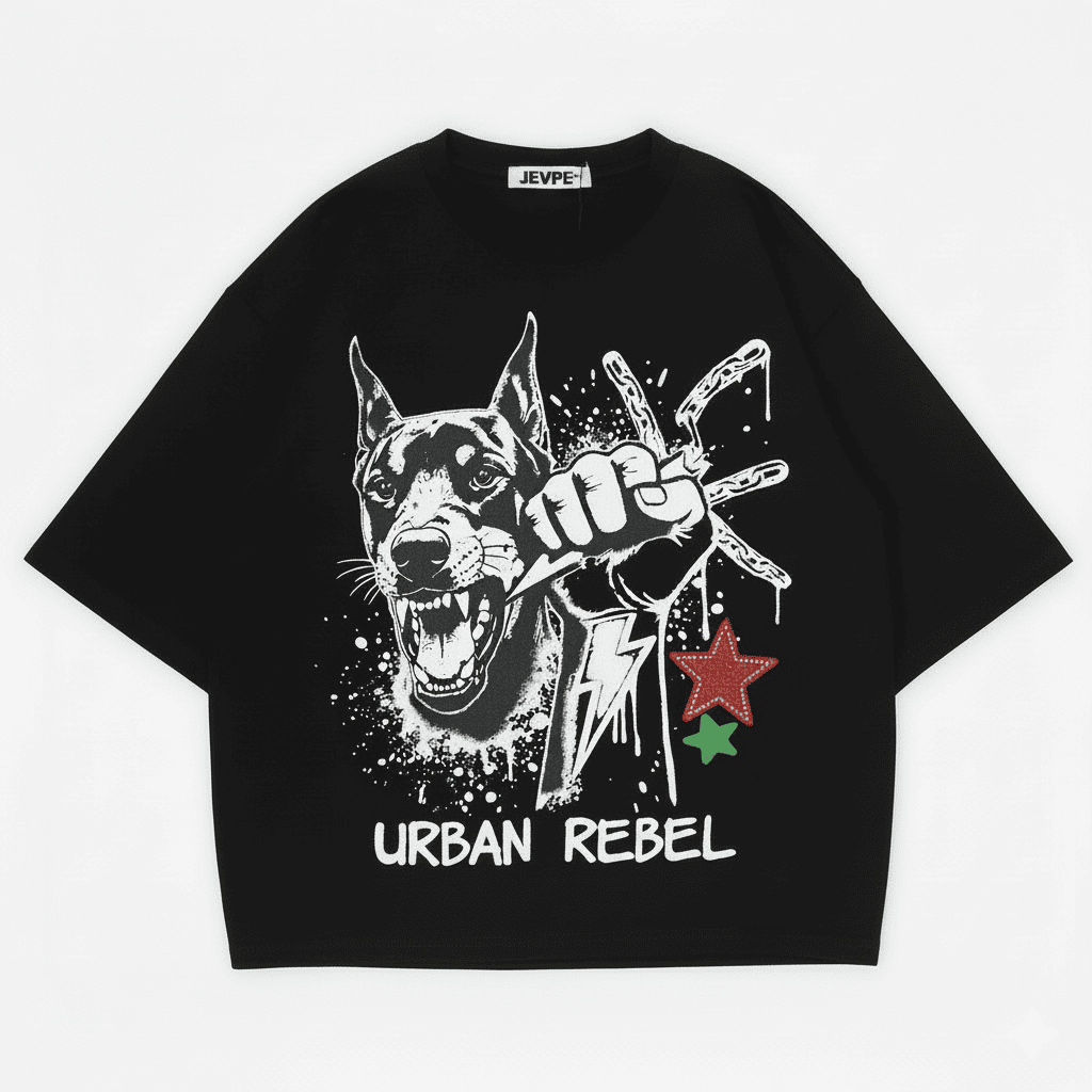 JEVPE men's black oversized streetwear T-shirt with a Doberman fist graphic and "Urban Rebel" design.