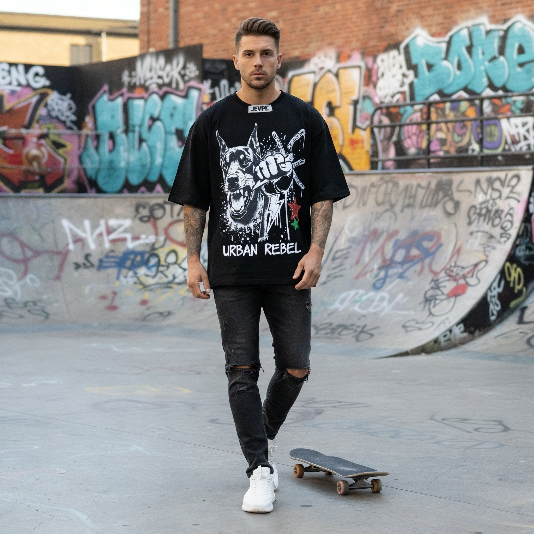 Men's black oversized streetwear T-shirt by JEVPE featuring Urban Rebel Doberman fist graphic design.