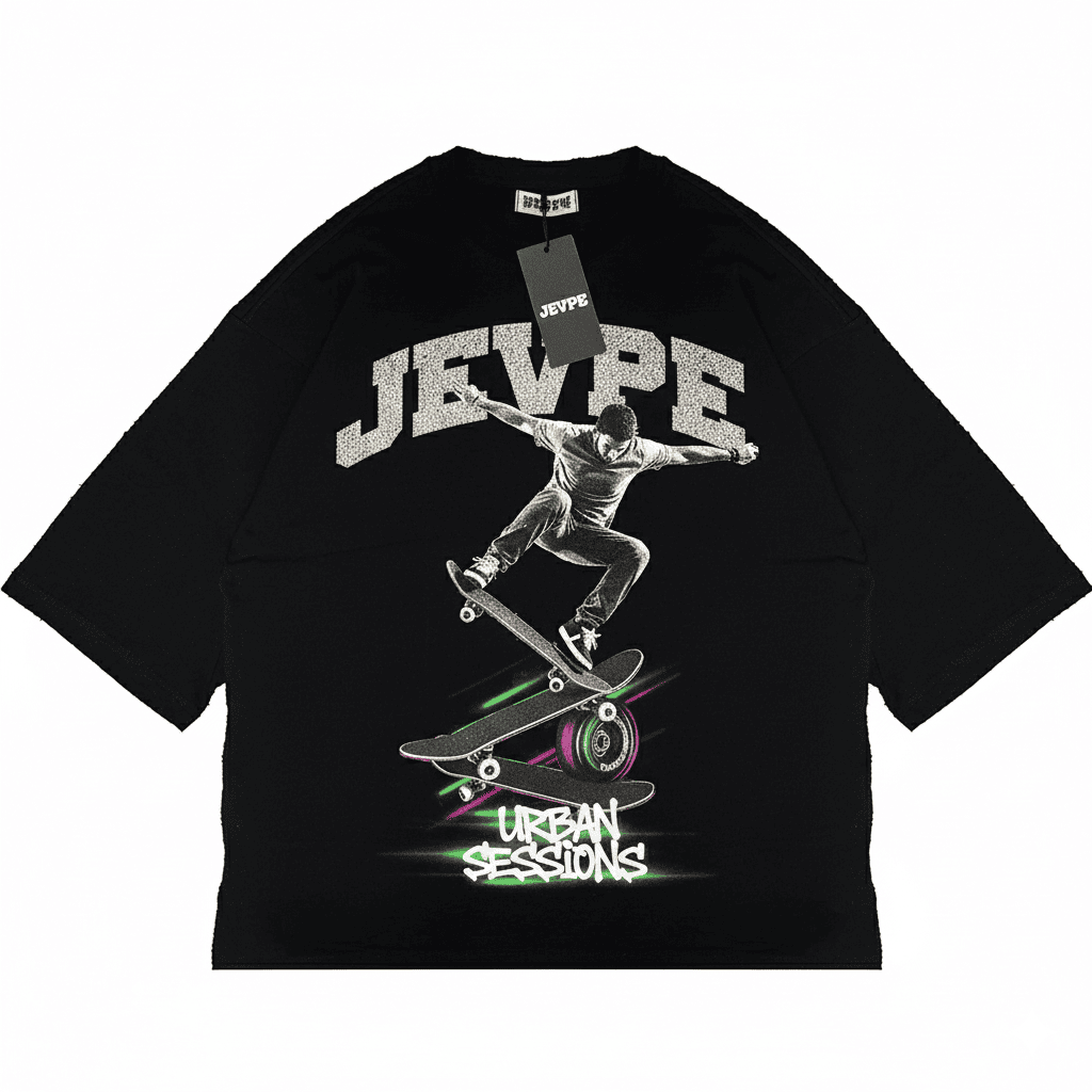 JEVPE men's black oversized T-shirt with urban skateboarding graphic, casual streetwear style, featuring bold design and relaxed fit.