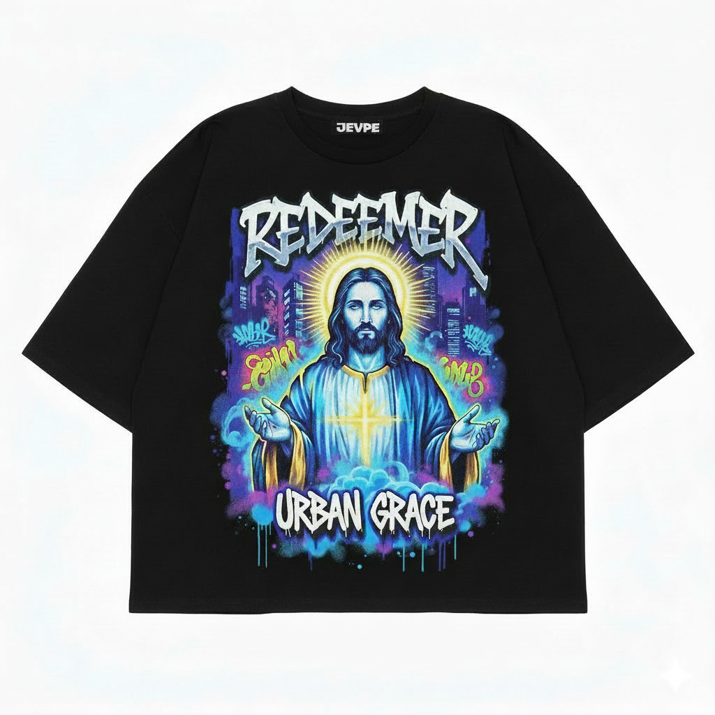 Black JEVPE Urban Graffiti Jesus "Redeemer" oversized T-shirt featuring streetwear style and bold graphic design.