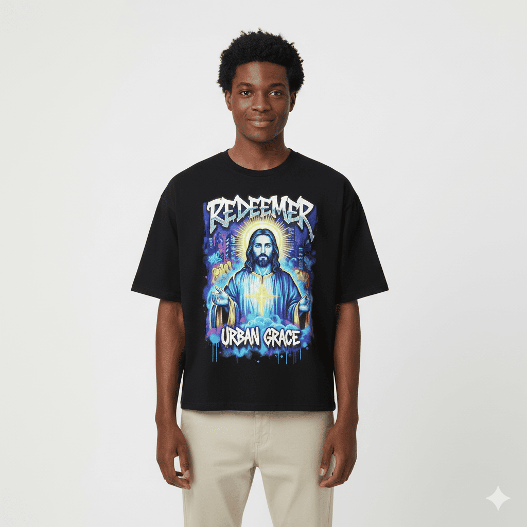 Black JEVPE Urban Graffiti Jesus "Redeemer" oversized T-shirt featuring bold streetwear design and religious-themed artwork.