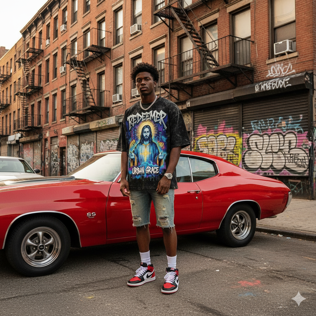 Black JEVPE Urban Graffiti Jesus "Redeemer" oversized T-shirt featuring streetwear style and bold religious-inspired artwork.