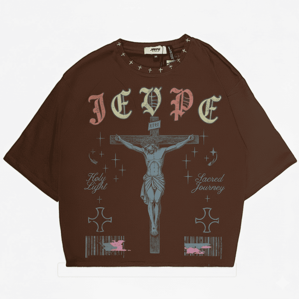 Brown Gothic streetwear T-shirt by JEVPE featuring a Sacred Journey Jesus Crucifix graphic, cropped design and street style look.