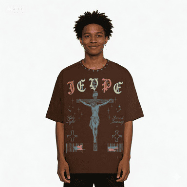 Brown Gothic streetwear T-shirt by JEVPE featuring a cropped design with a Sacred Journey Jesus Crucifix graphic.