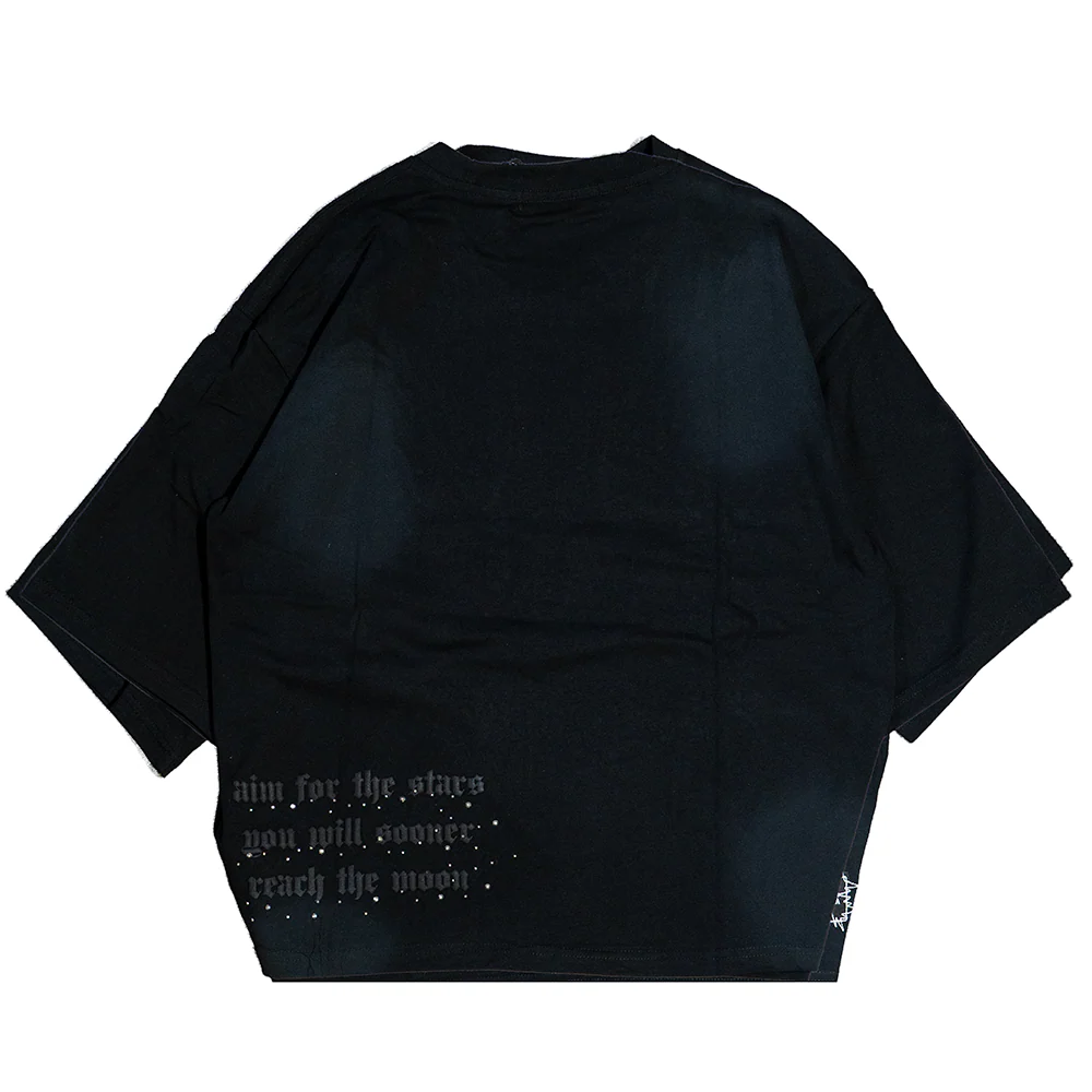 JEVPE men's oversized black wash T-shirt with rhinestone "A" letter design, short sleeves, crew neck, casual style.