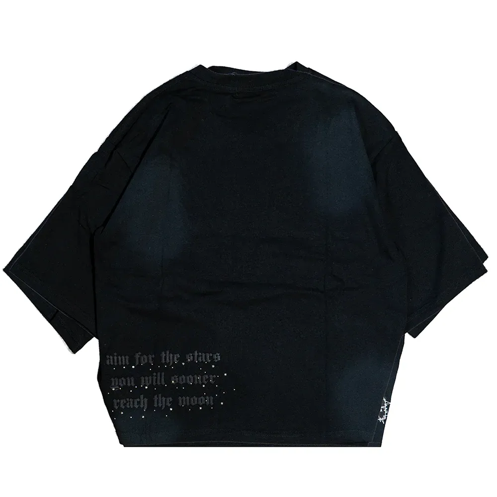 JEVPE men's oversized black wash T-shirt with rhinestone "A" letter design, short sleeves, crew neck, casual style.