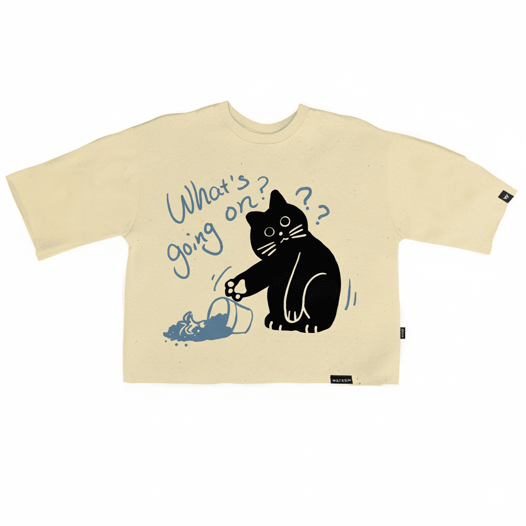 JEVPE black cat print casual beige short sleeve streetwear tee featuring quirky feline design.