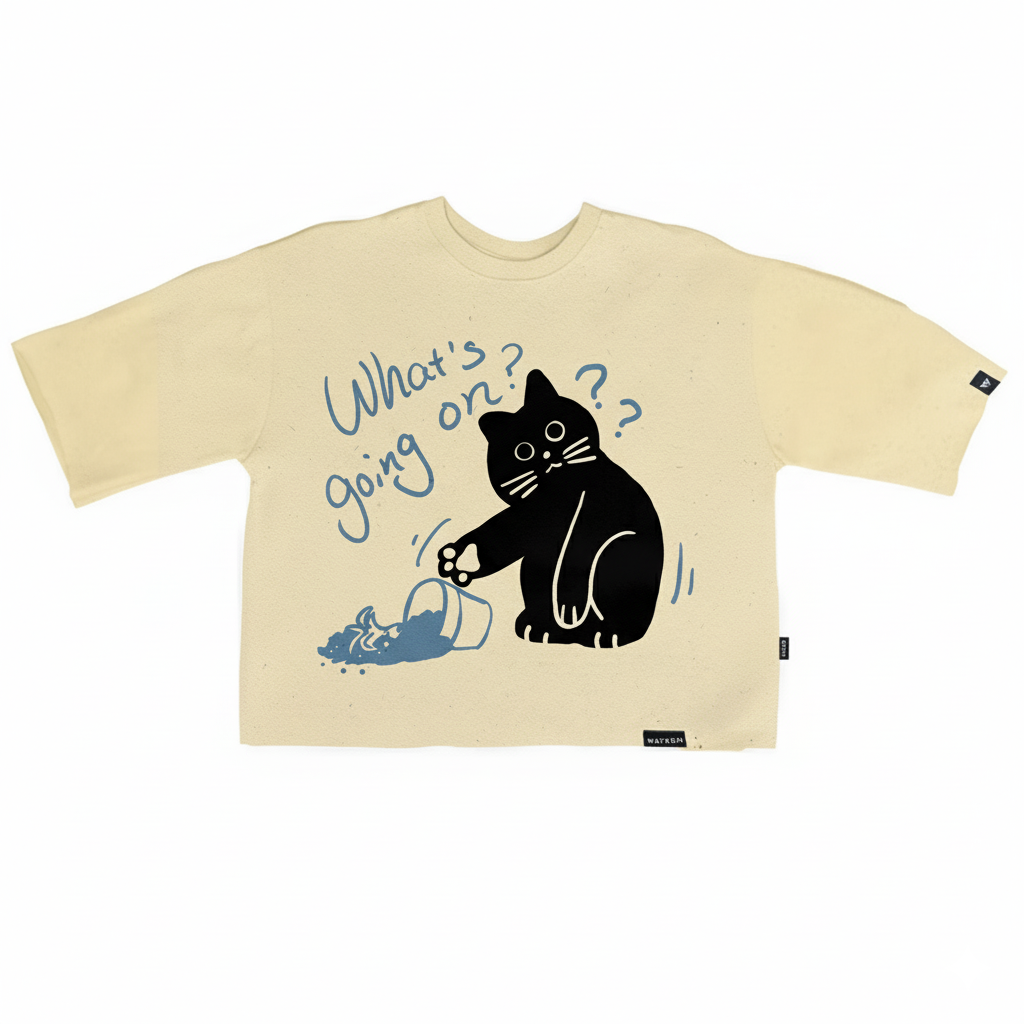 Black cat print casual beige short sleeve streetwear tee by JEVPE featuring a quirky feline design.