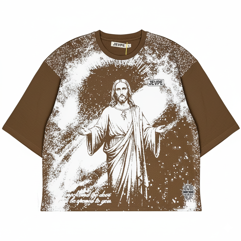 JEVPE men's brown oversized T-shirt with Jesus "Knock & It Shall Be Opened" graphic, faith-themed streetwear tee.