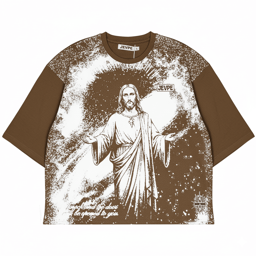 JEVPE men's brown oversized T-shirt with Jesus "Knock & It Shall Be Opened" graphic, faith-themed streetwear tee.