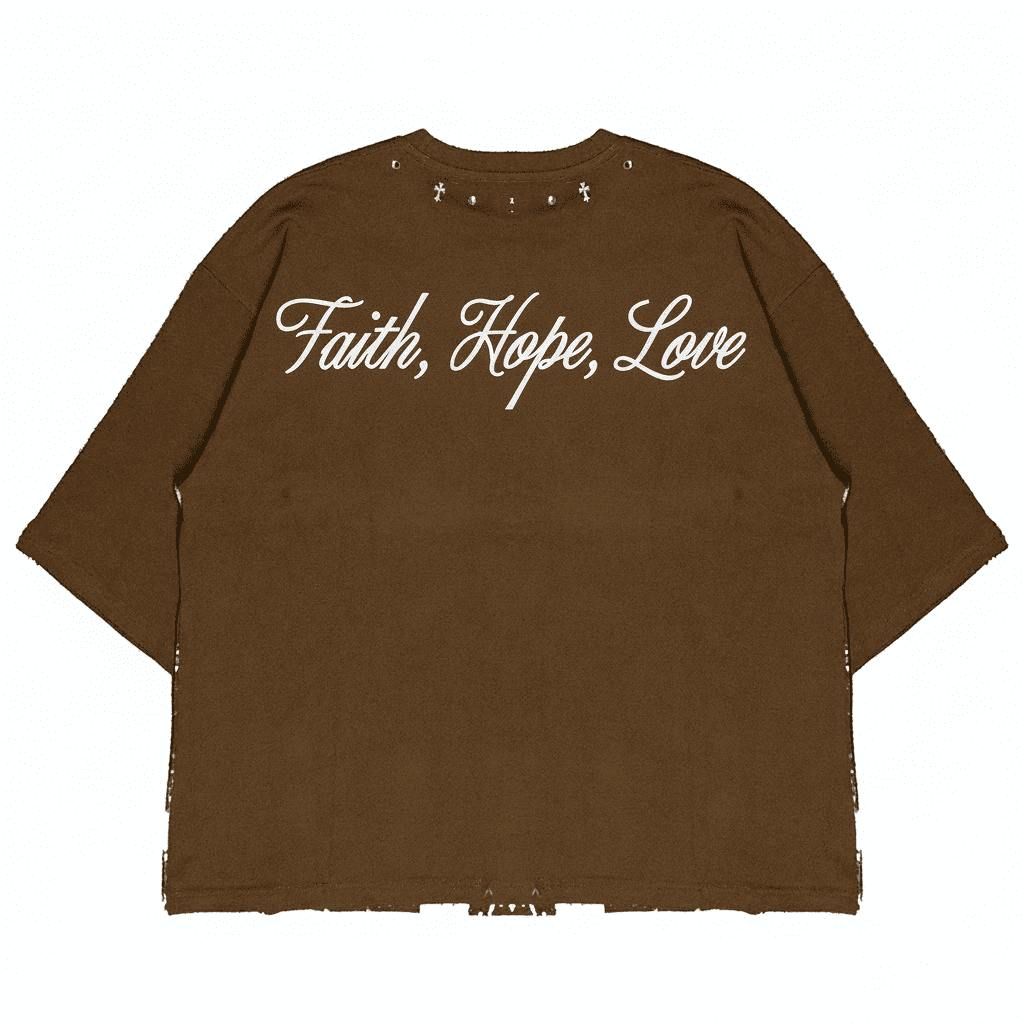 JEVPE men's brown oversized T-shirt with Jesus "Knock & It Shall Be Opened" faith graphic, streetwear style.