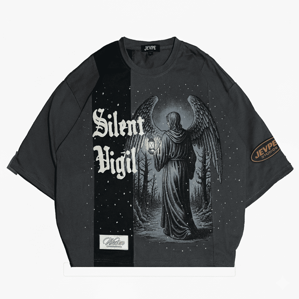 JEVPE men's charcoal gray oversized paneled streetwear T-shirt with angel graphic and "Silent Vigil" design on the front.