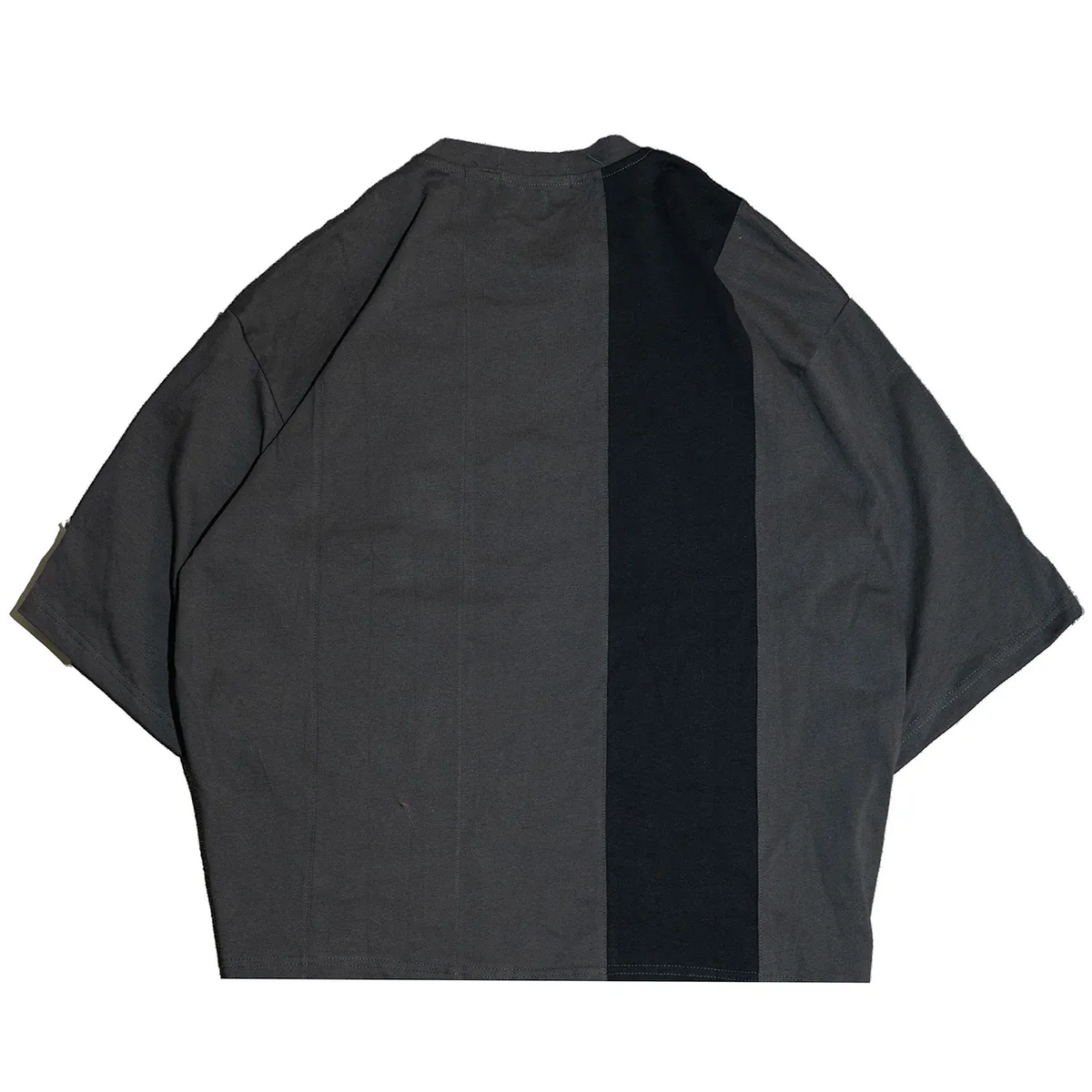 JEVPE men's charcoal gray oversized paneled streetwear T-shirt with angel graphic and "Silent Vigil" design.
