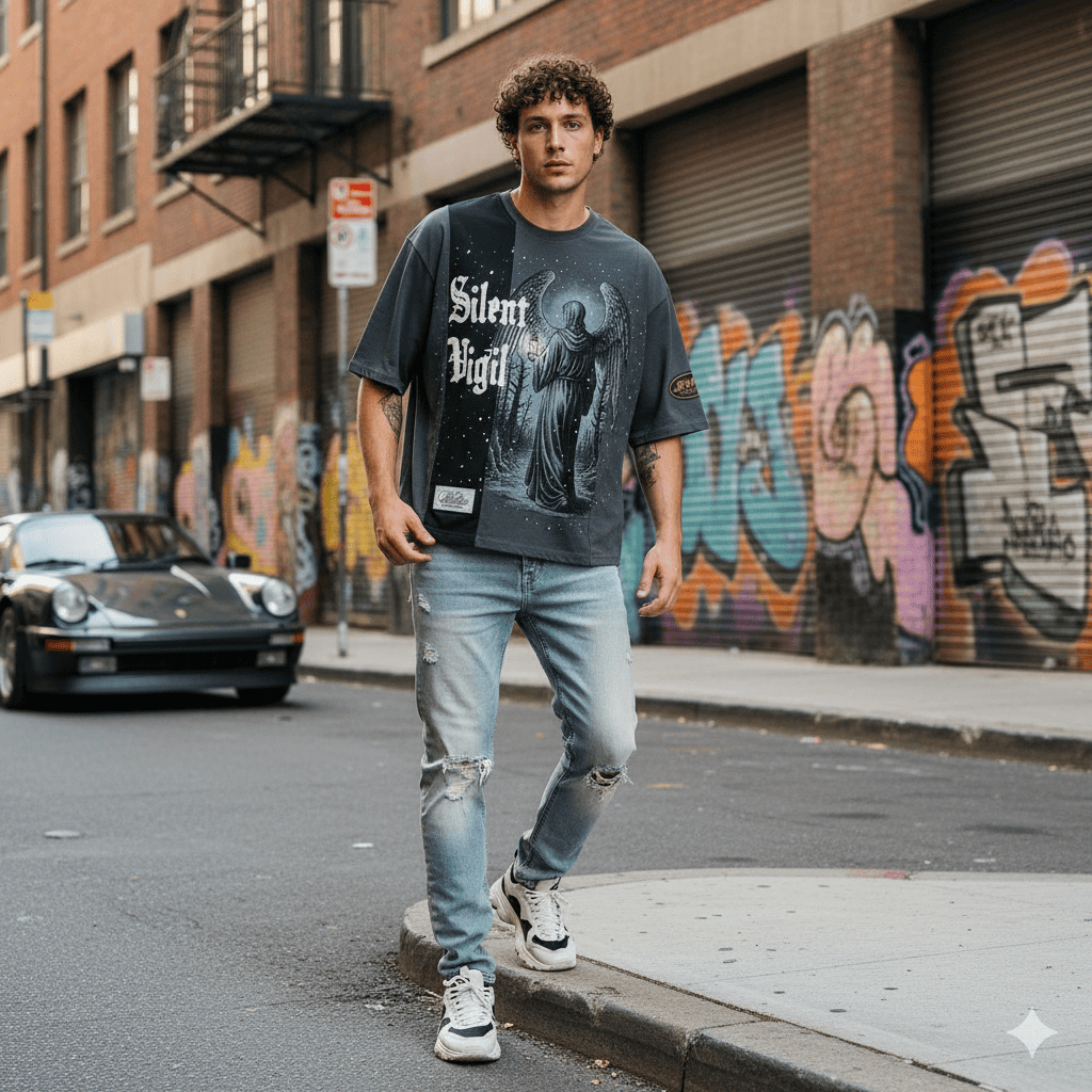 Men's charcoal gray oversized paneled T-shirt by JEVPE featuring a "Silent Vigil" angel graphic, streetwear style.