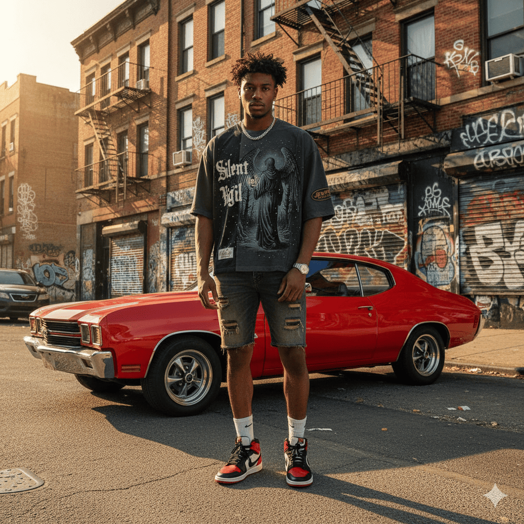 Men's charcoal gray oversized paneled T-shirt by JEVPE featuring a Silent Vigil angel graphic streetwear design.