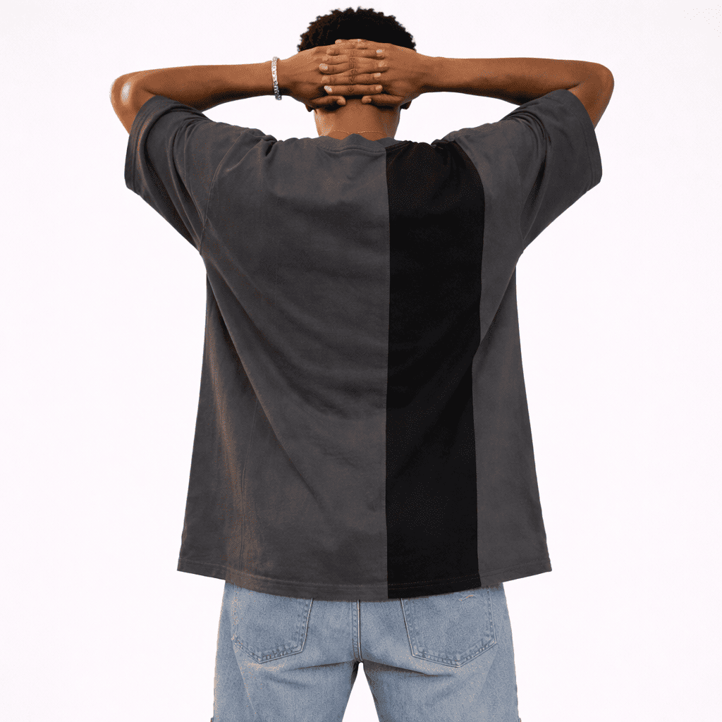 JEVPE men's charcoal gray oversized paneled T-shirt with angel graphic and "Silent Vigil" streetwear design.