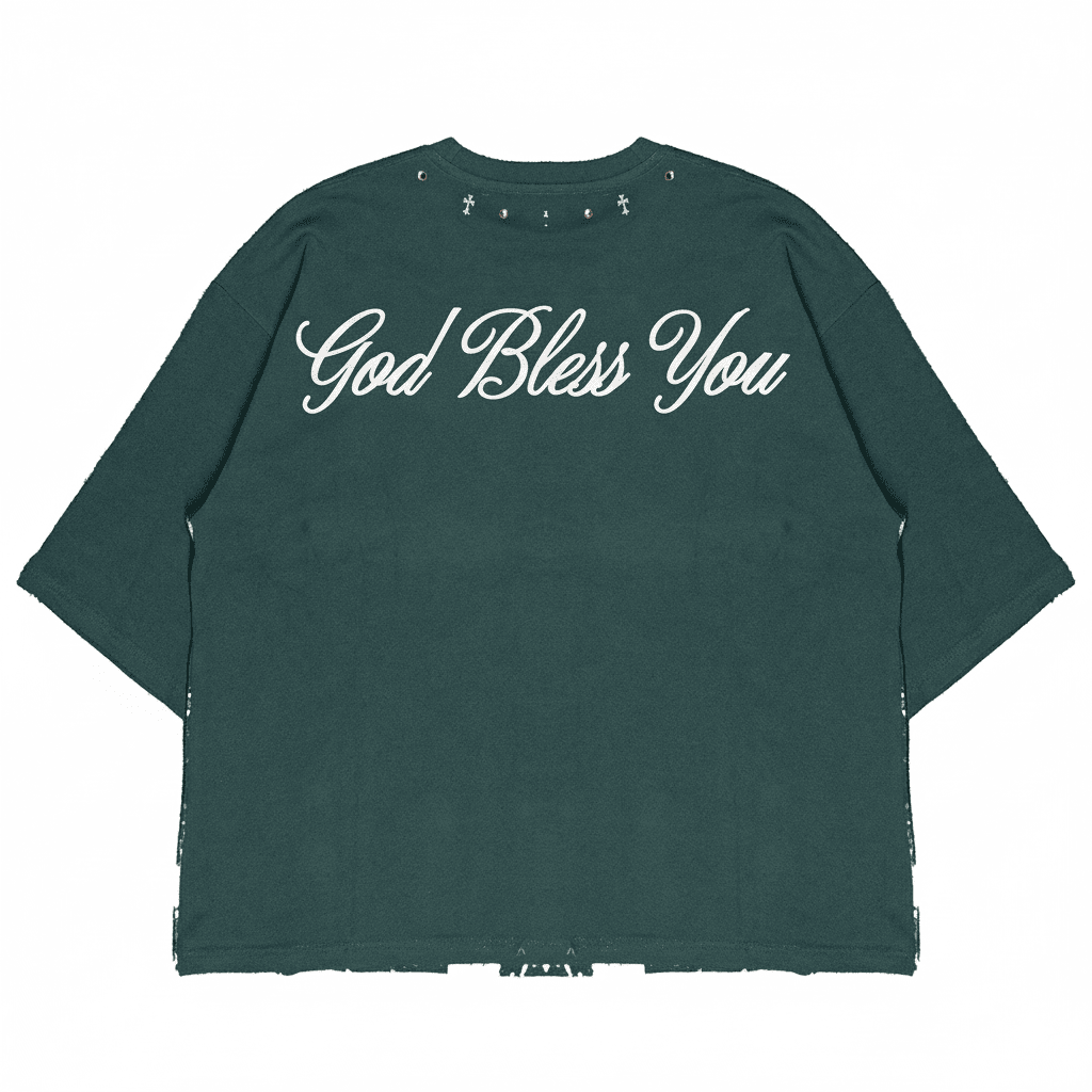 JEVPE men's teal oversized T-shirt with Jesus "Knock & It Shall Be Opened" graphic, faith-themed streetwear tee.