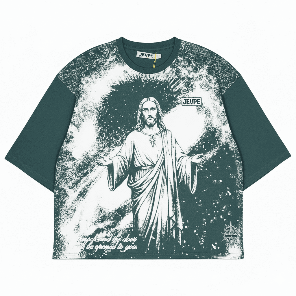 JEVPE men's teal oversized T-shirt with Jesus graphic and "Knock & It Shall Be Opened" faith design, streetwear style.