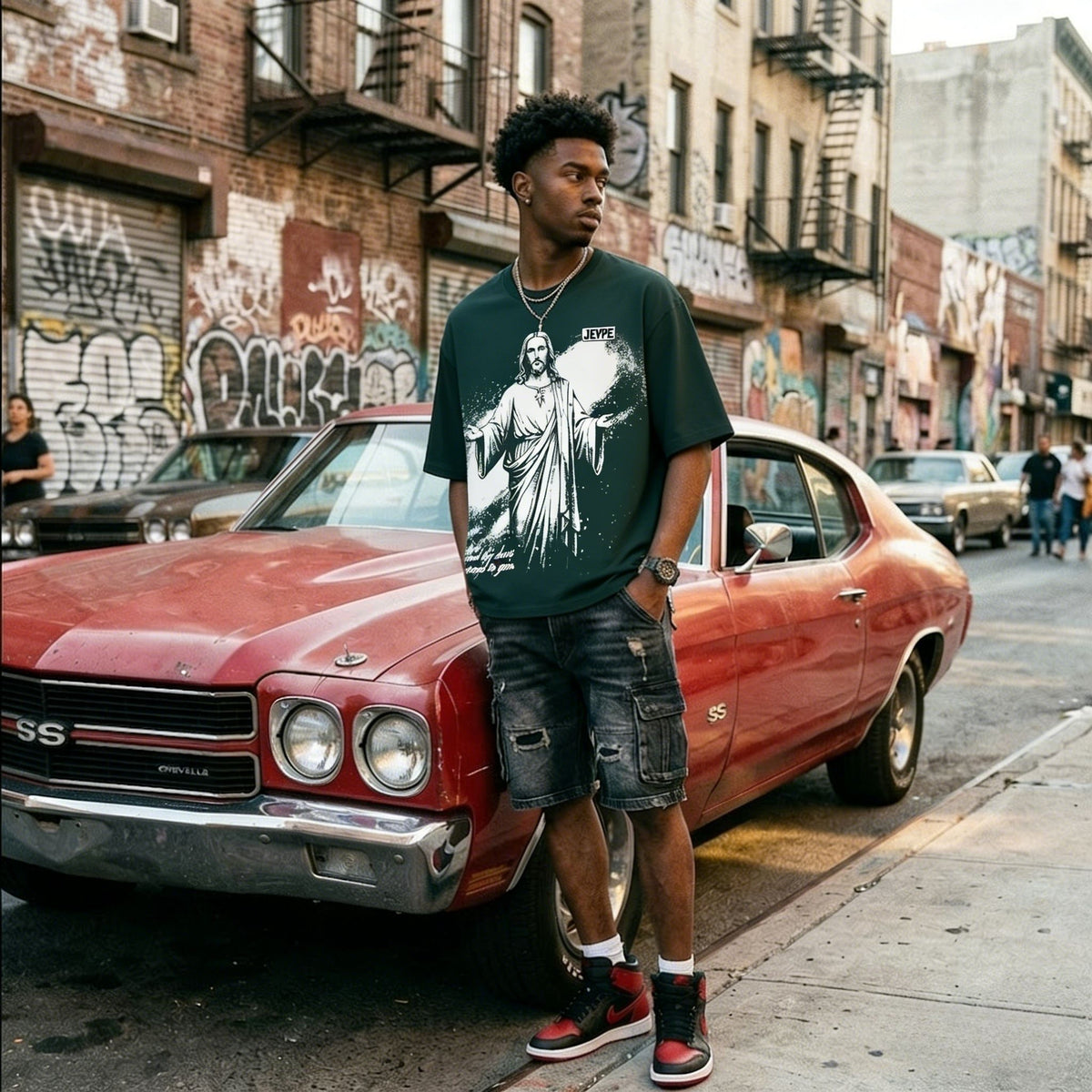 JEVPE men's teal oversized T-shirt with Jesus "Knock & It Shall Be Opened" graphic, faith streetwear tee, casual fit.