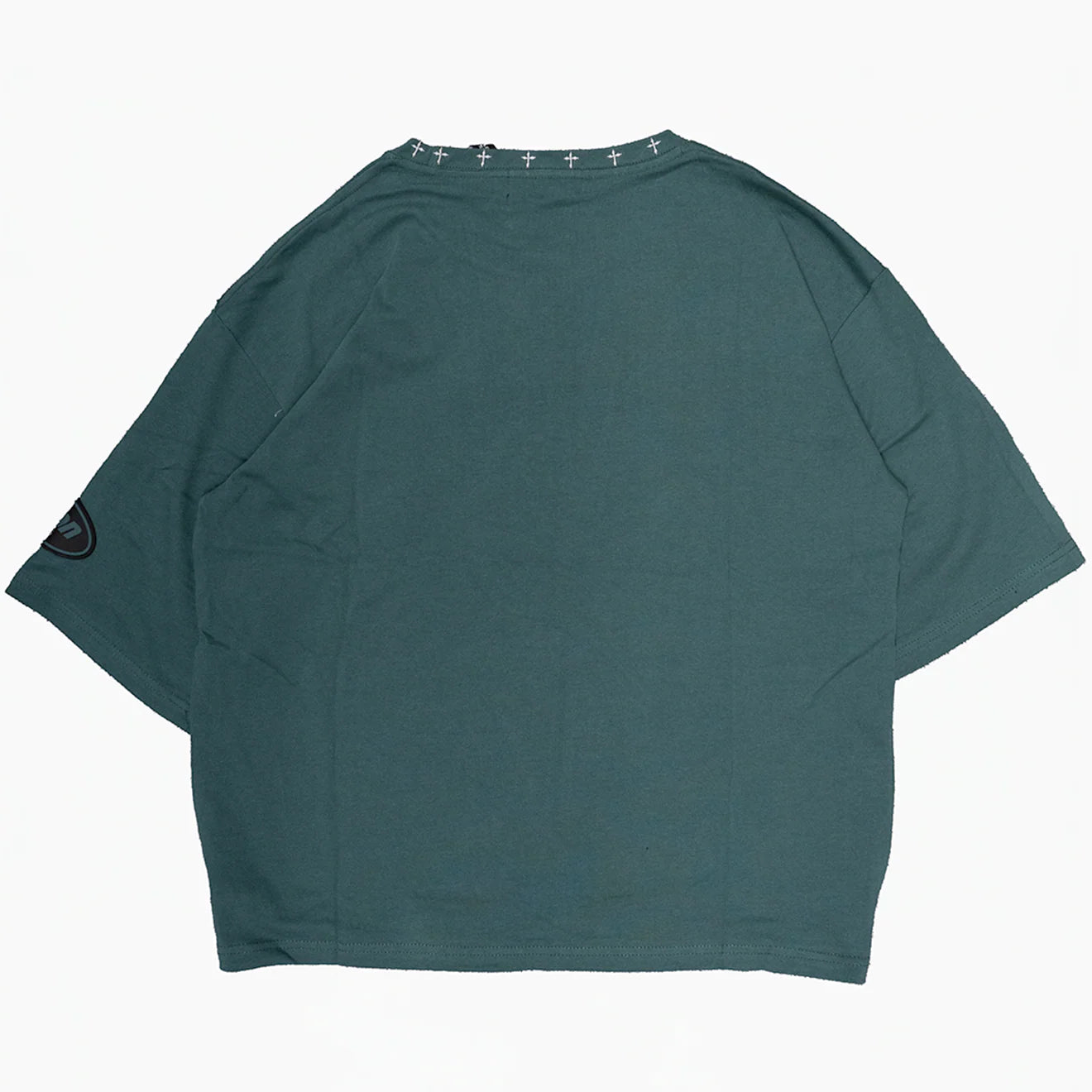 JEVPE Sacred Annunciation Angel print oversized cropped teal streetwear tee for faith-inspired fashion.