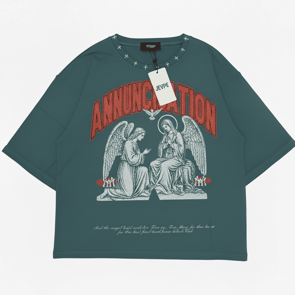 JEVPE Sacred Annunciation Angel print oversized cropped teal streetwear T-shirt with faith-inspired design.