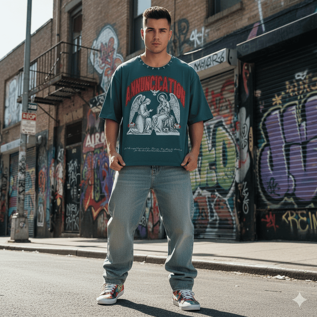 JEVPE Sacred Annunciation Angel print oversized cropped teal streetwear tee, featuring religious angel artwork.