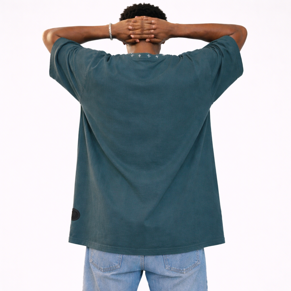 JEVPE Sacred Annunciation Angel print oversized teal cropped streetwear tee with faith-inspired design and relaxed fit.