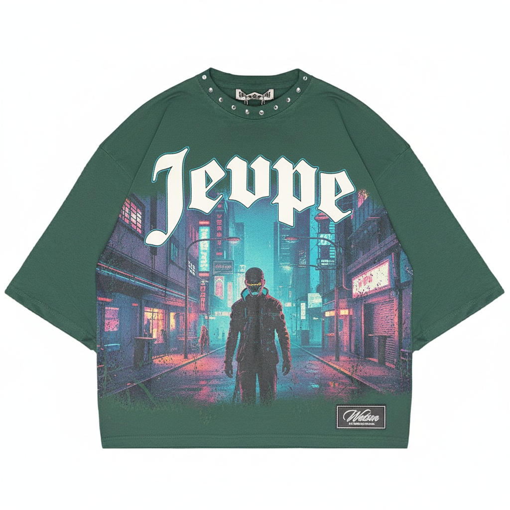JEVPE cyberpunk neon city cropped T-shirt in green with rivet details, featuring streetwear style and vibrant urban design.