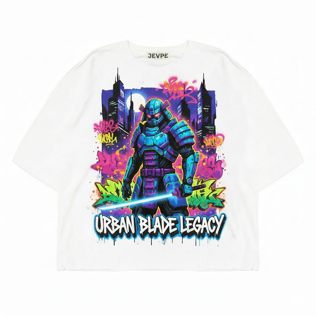 White JEVPE Cyberpunk Samurai graffiti streetwear tee with oversized fit and urban blade legacy design.