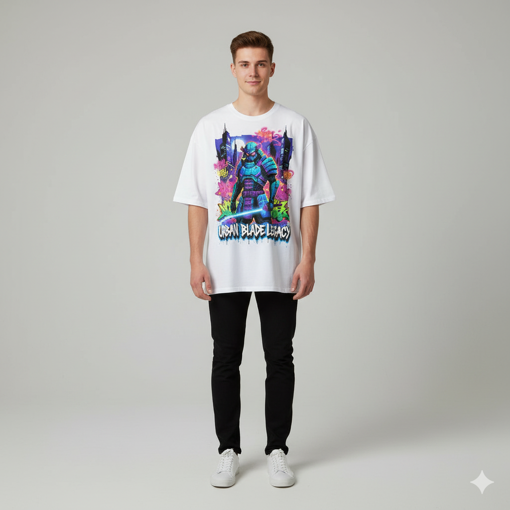 White JEVPE Cyberpunk Samurai graffiti streetwear tee with urban blade design, oversized fit, stylish urban streetwear fashion.
