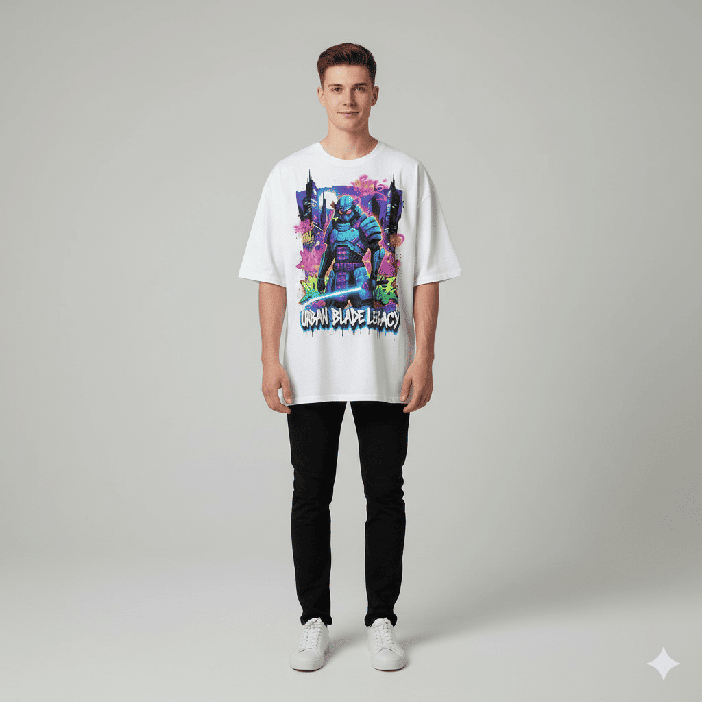 White JEVPE Cyberpunk Samurai graffiti streetwear tee with urban blade design, oversized fit, stylish urban streetwear fashion.