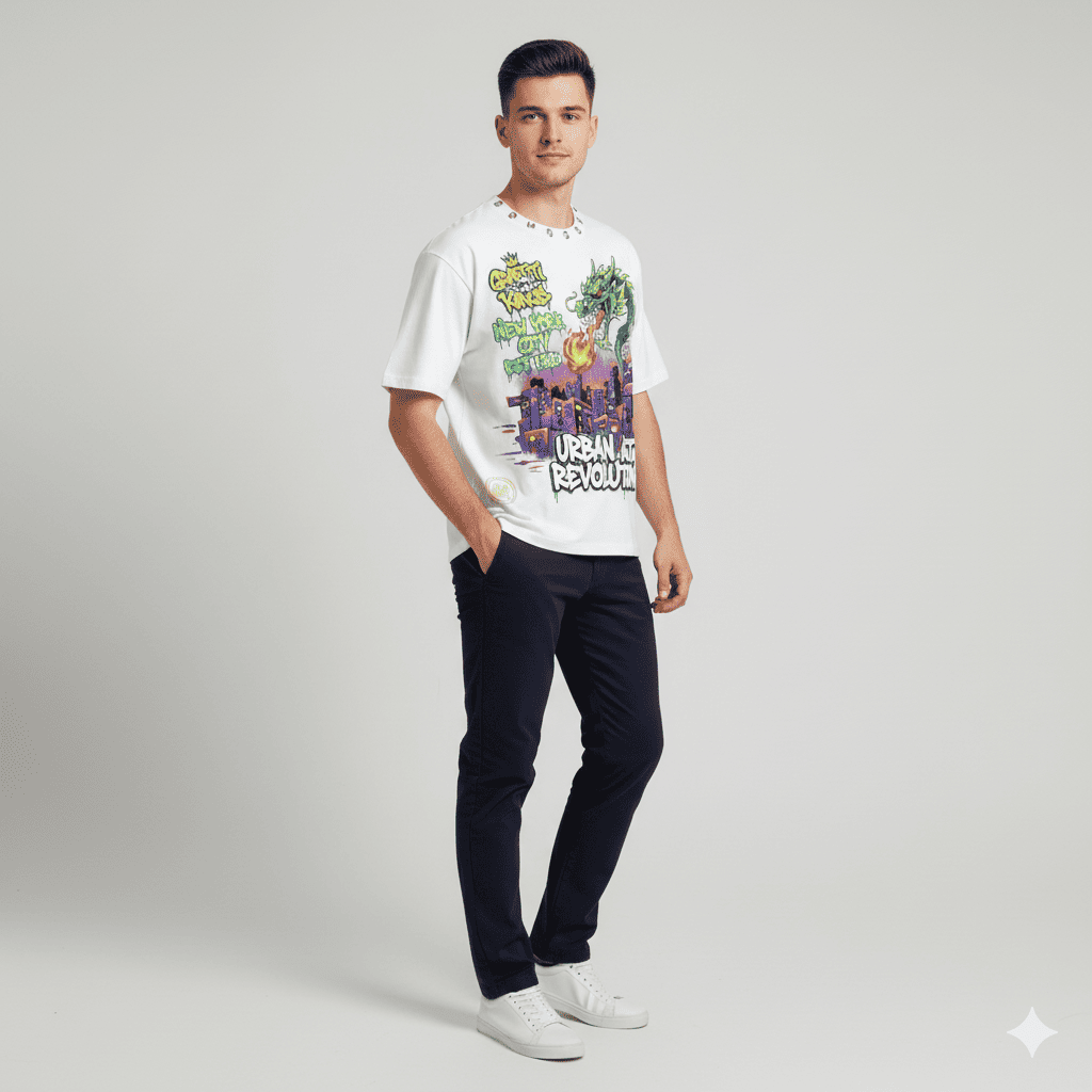 JEVPE Graffiti Kings NYC dragon print cropped top in white urban streetwear with bold graffiti art design.
