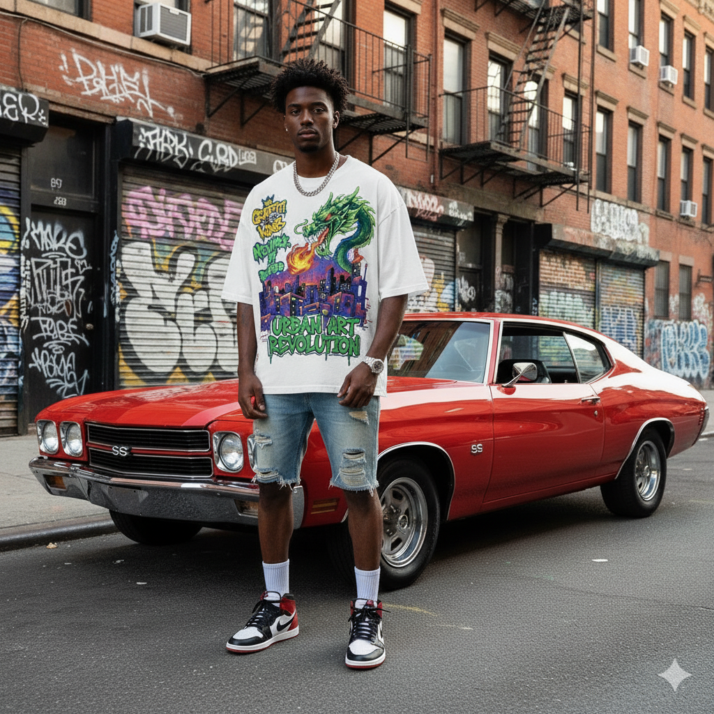 White JEVPE graffiti kings NYC dragon print cropped top featuring urban streetwear style with bold graffiti artwork.