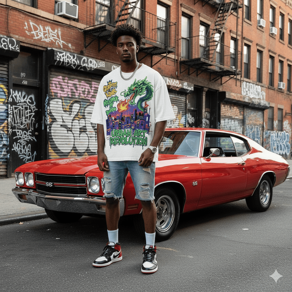 White JEVPE graffiti kings NYC dragon print cropped top featuring urban streetwear style with bold graffiti artwork.