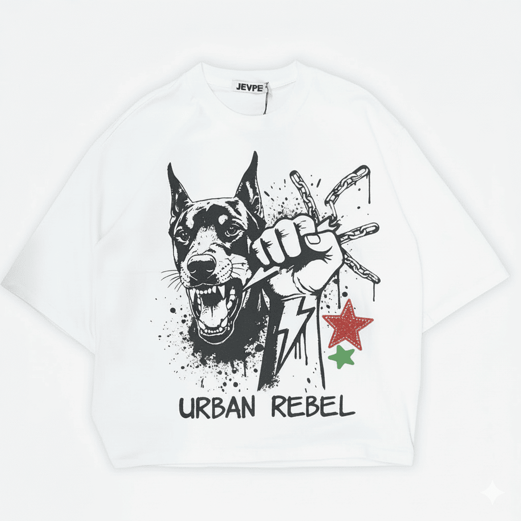 JEVPE men's white oversized street T-shirt with bold aggressive Doberman print and "Urban Rebel" design, casual urban fashion.