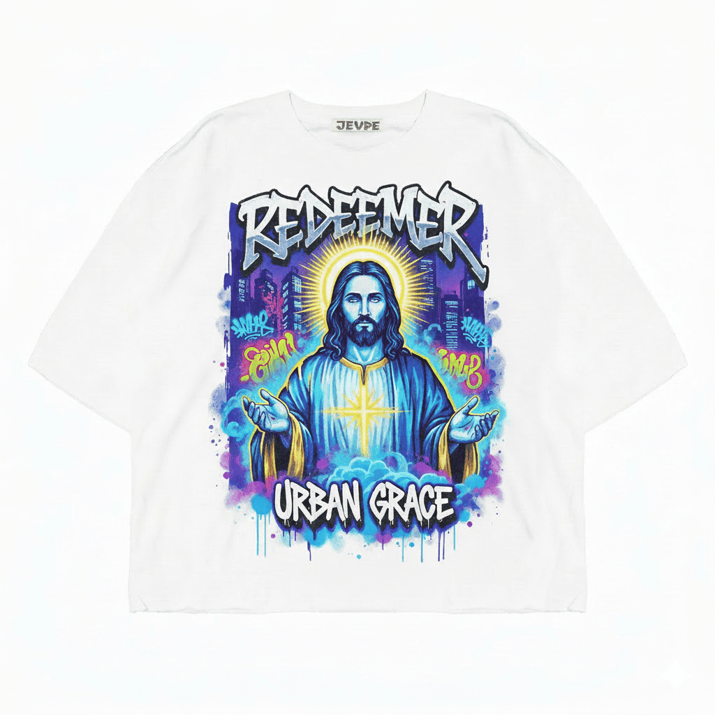 White JEVPE Urban Graffiti Jesus "Redeemer" oversized T-shirt featuring street art design and casual streetwear style.