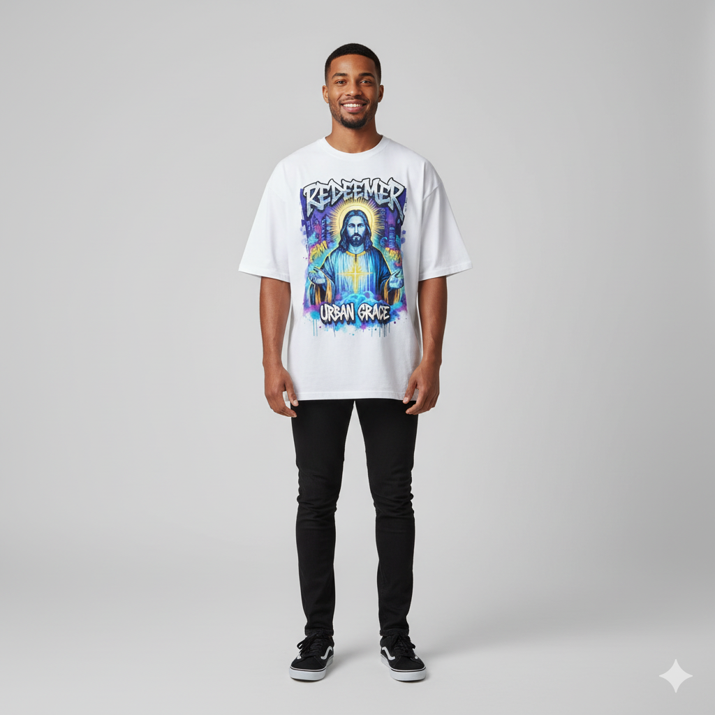 White JEVPE Urban Graffiti Jesus "Redeemer" oversized T-shirt featuring street art design and casual streetwear style.