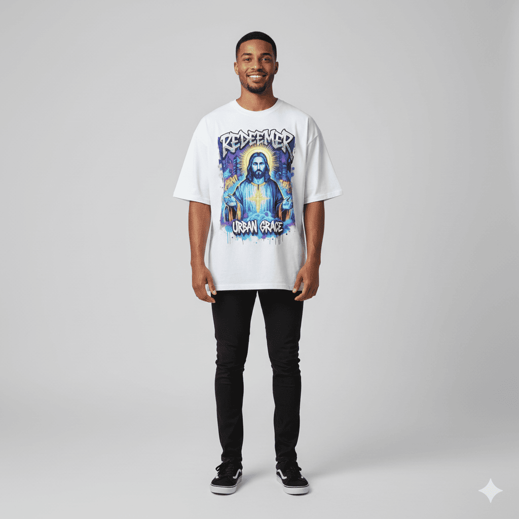 White JEVPE Urban Graffiti Jesus "Redeemer" oversized T-shirt featuring street art design and casual streetwear style.