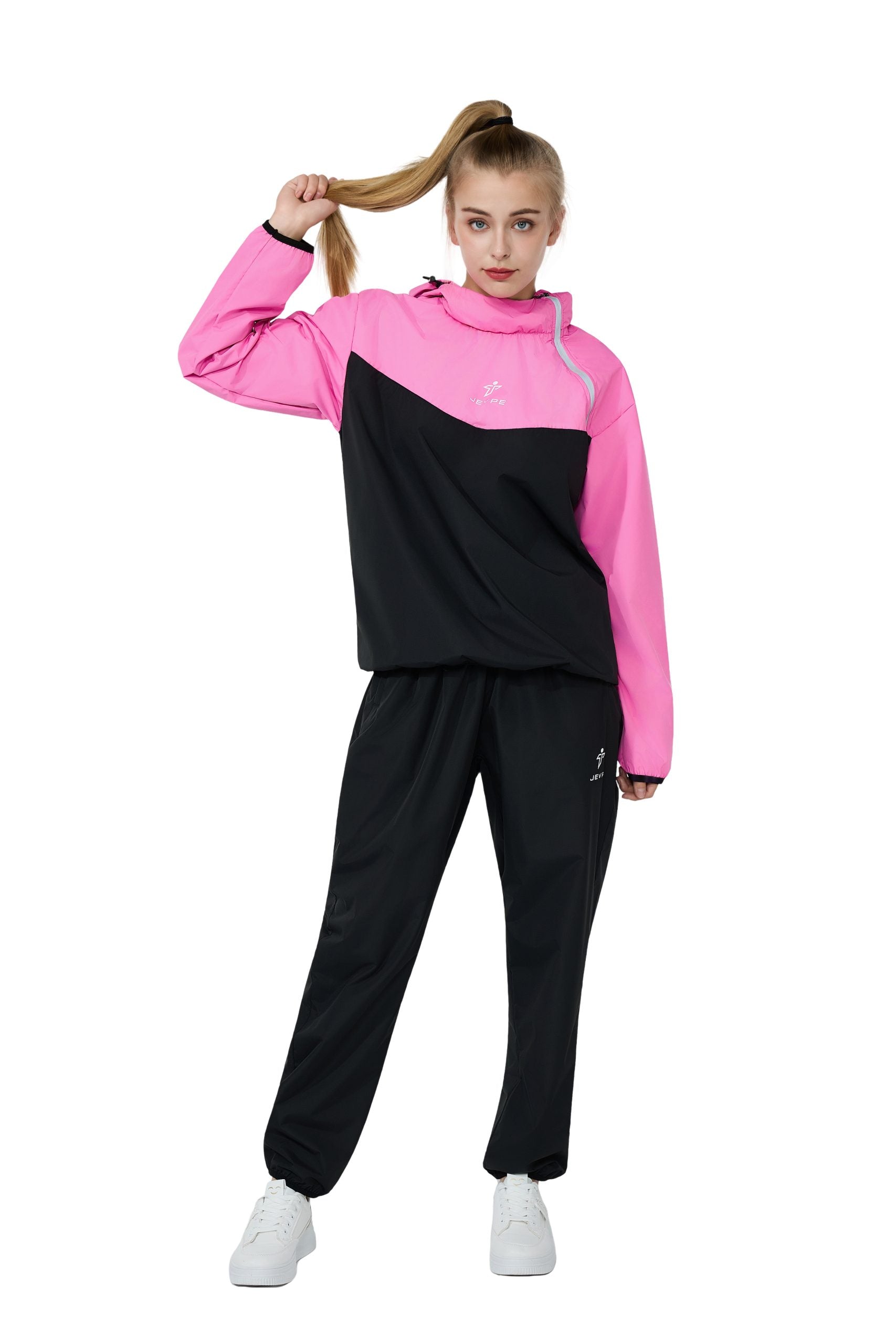 Pink JEVPE sauna suit for women with durable gym workout jacket and pants, designed for sweat and fitness training.